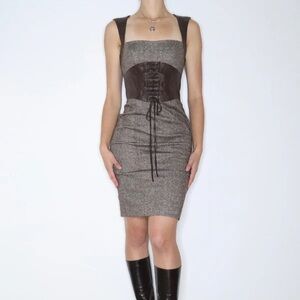 Y2K BEBE Brown Black Wool Tweed Leather Vintage Corset Dress Small Medium Goth